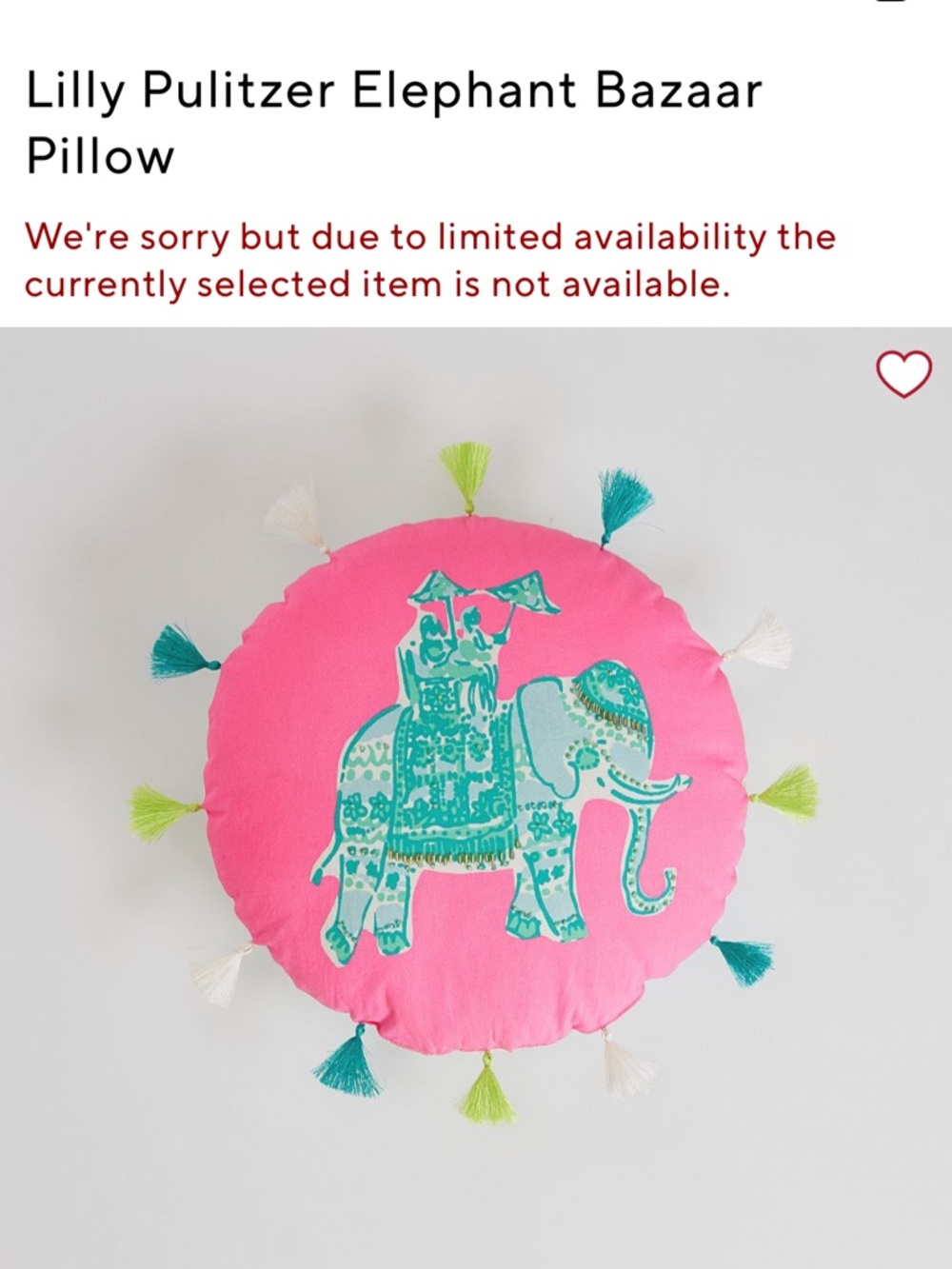 NWT Lilly Pulitzer Pottery Barn 14” round pillow pink elephant Bazar tassels - Picture 9 of 10